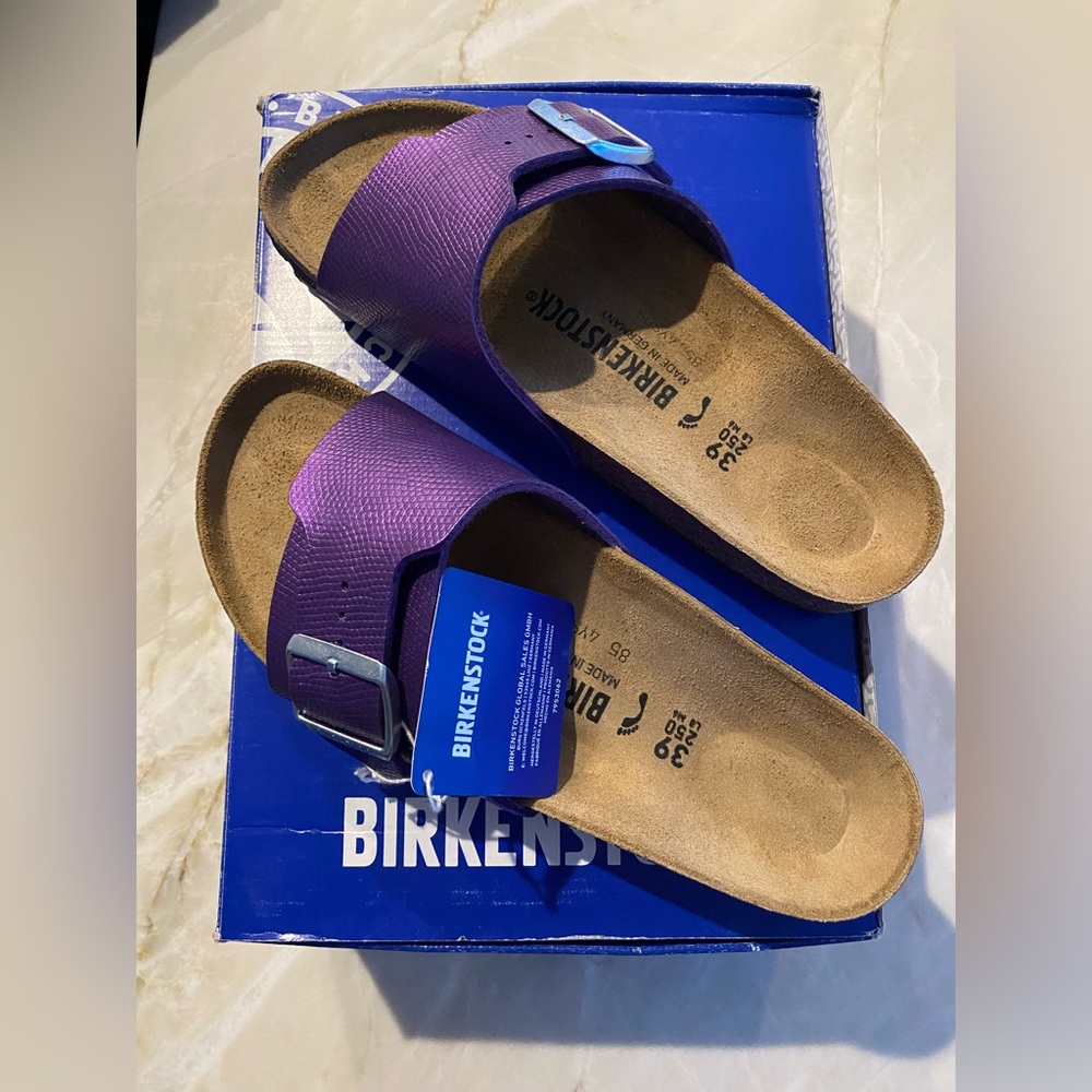 Birkenstock Shiny Lizard Acai Cătălina Sandals NIB 39 / W8 Narrow Fit PURPLE